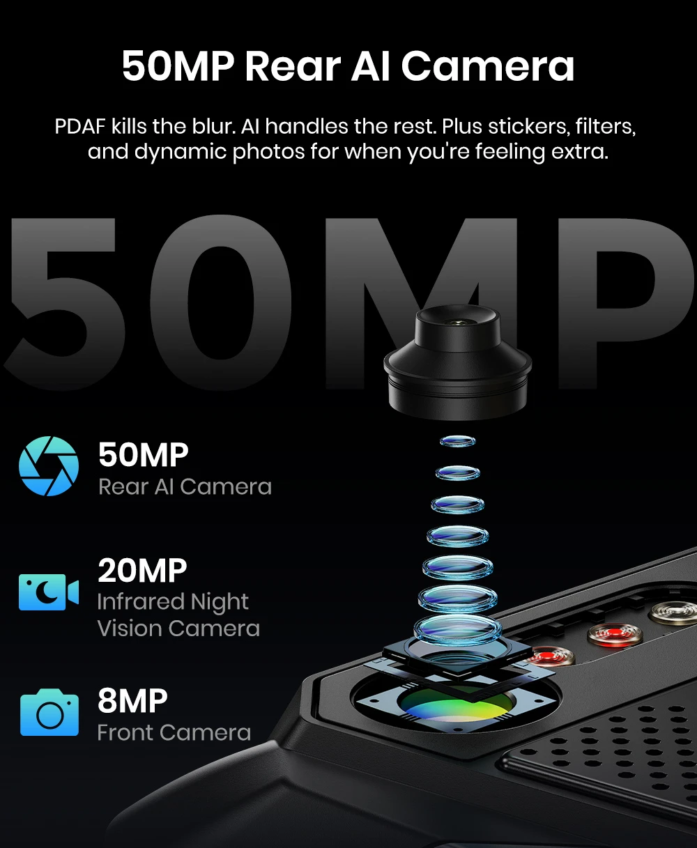 Odolný smartphone FOSSiBOT F106 Plus, 6 GB RAM + 128 GB ROM, baterie 12 000 mAh, duální stereo reproduktory s hlučností 120 dB, 20MP kamera s nočním viděním, 50MP kamera s umělou inteligencí, 6,745