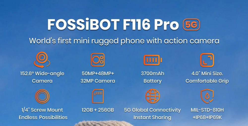 Odolný smartphone FOSSiBOT F116 Pro, 12 GB RAM + 256 GB ROM, procesor Dimensity 7300 5G, 48MP akční kamera s optickou stabilizací obrazu, 50MP hlavní fotoaparát, 4,0" displej 120 Hz, baterie 3700 mAh, vestavěný 1/4" držák, Android 16, IP68/IP69K/MIL-STD-810H, NFC - zelený
