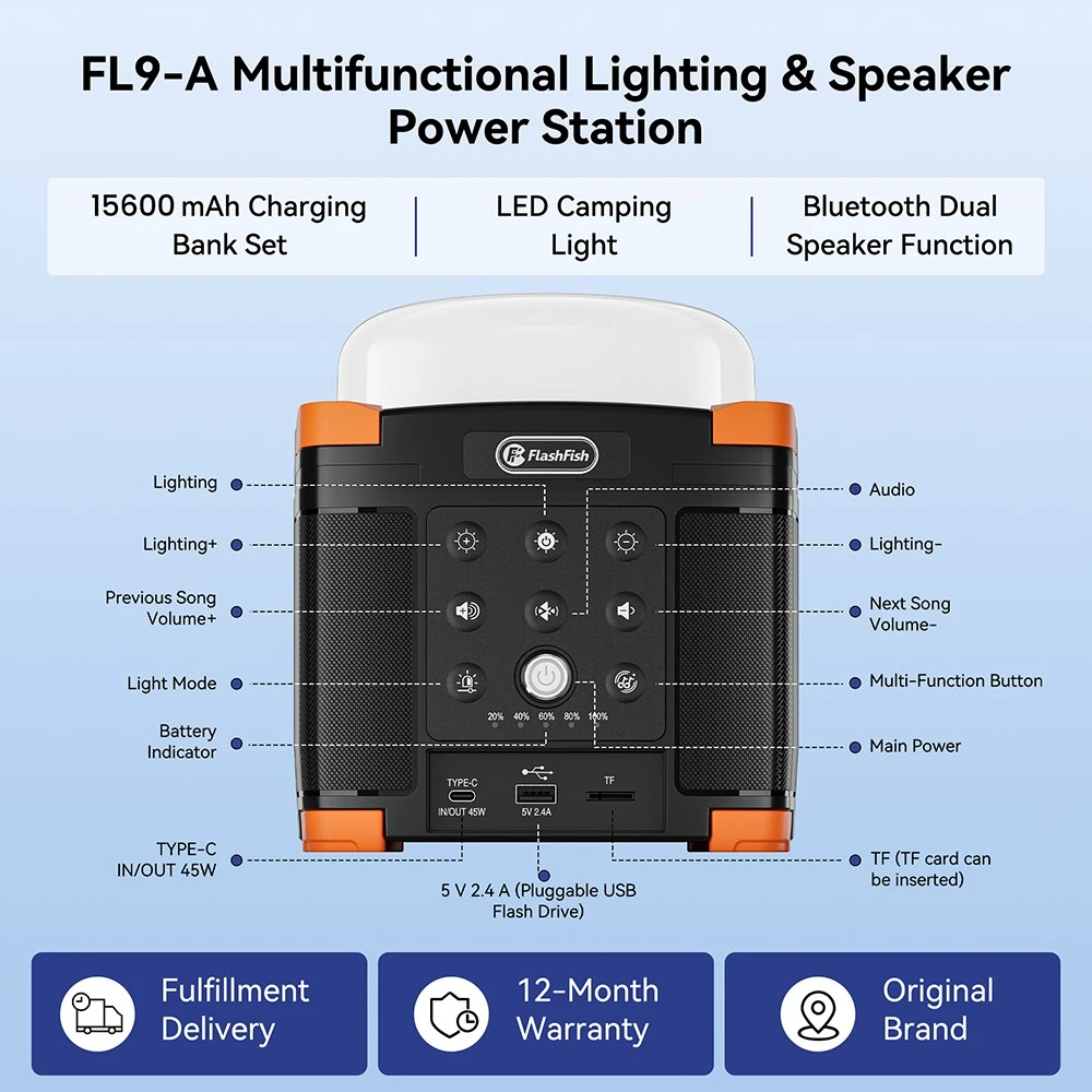 FlashFish FL9-A Multifunctional Power Station, 56Wh / 15600mAh Lithium Battery, 45W USB-C PD Fast Charging, Dual 15W Bluetooth 5.0 Speakers, 700LM 3-Mode Camping Lantern, TWS Stereo Sound, SOS Emergency Light