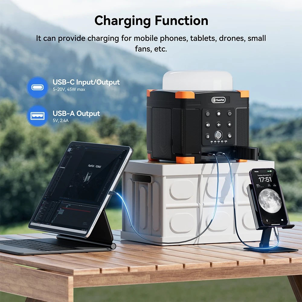 FlashFish FL9-A Multifunctional Power Station, 56Wh / 15600mAh Lithium Battery, 45W USB-C PD Fast Charging, Dual 15W Bluetooth 5.0 Speakers, 700LM 3-Mode Camping Lantern, TWS Stereo Sound, SOS Emergency Light