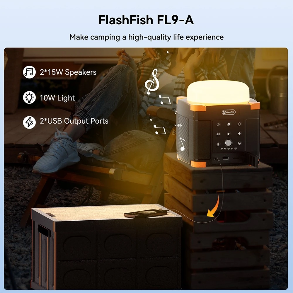 FlashFish FL9-A Multifunctional Power Station, 56Wh / 15600mAh Lithium Battery, 45W USB-C PD Fast Charging, Dual 15W Bluetooth 5.0 Speakers, 700LM 3-Mode Camping Lantern, TWS Stereo Sound, SOS Emergency Light