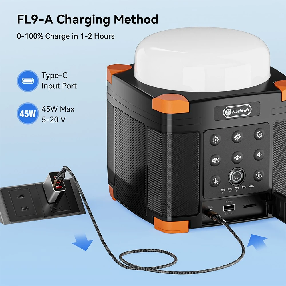 FlashFish FL9-A Multifunctional Power Station, 56Wh / 15600mAh Lithium Battery, 45W USB-C PD Fast Charging, Dual 15W Bluetooth 5.0 Speakers, 700LM 3-Mode Camping Lantern, TWS Stereo Sound, SOS Emergency Light