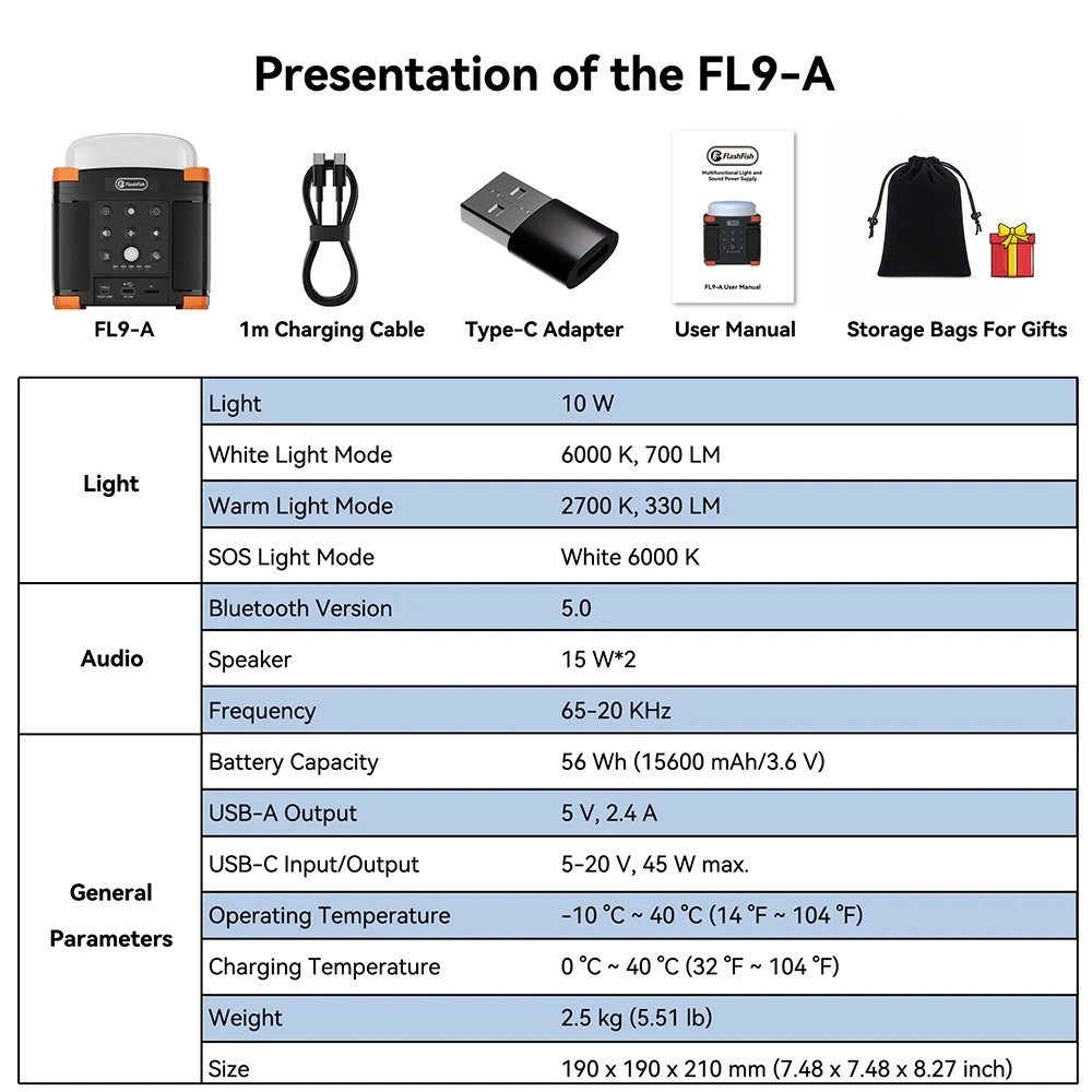 FlashFish FL9-A Multifunctional Power Station, 56Wh / 15600mAh Lithium Battery, 45W USB-C PD Fast Charging, Dual 15W Bluetooth 5.0 Speakers, 700LM 3-Mode Camping Lantern, TWS Stereo Sound, SOS Emergency Light