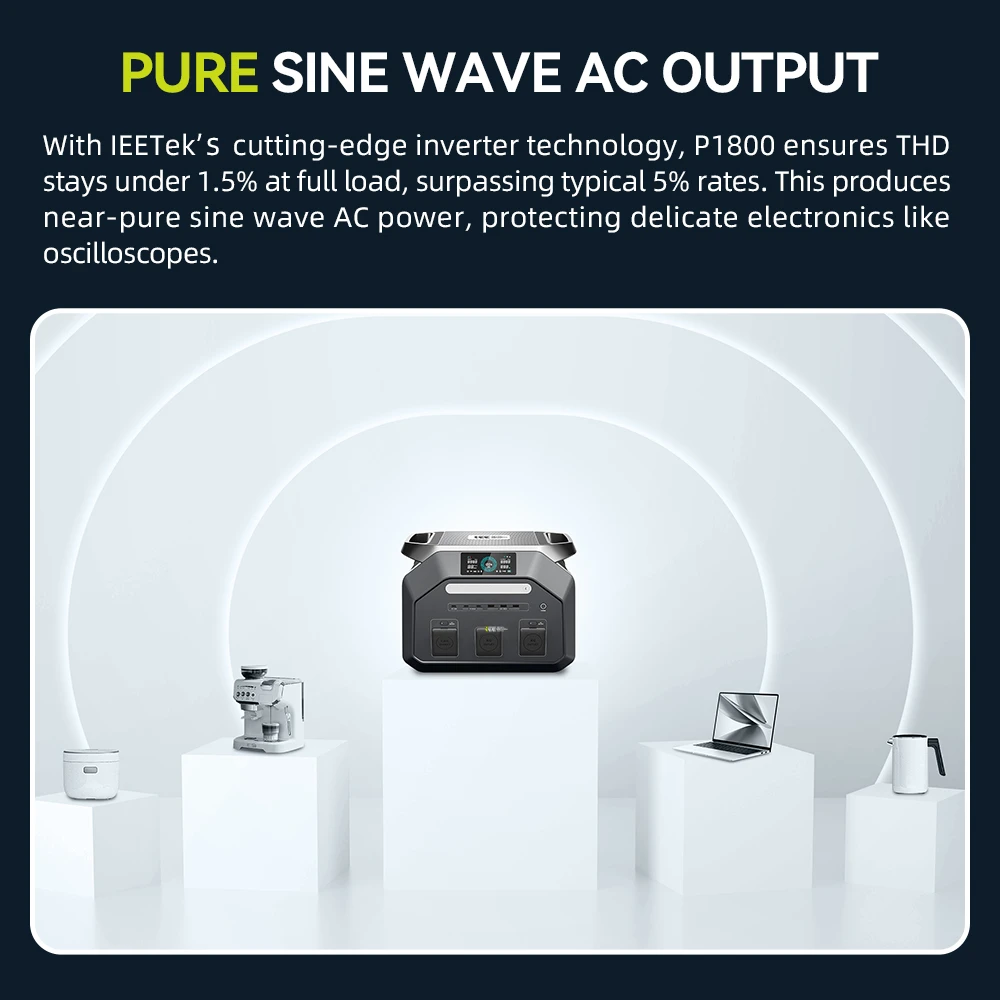Station d'alimentation portable IEETek P1800, batterie LiFePO4 1024 Wh, sortie sinusoïdale pure 1800 W, puissance de crête 3600 W, charge rapide 1200 W, entrée solaire 500 W, durée de vie de plus de 4000 cycles, alimentation de secours EPS < 10 ms, contrôle via application Wi-Fi et Bluetooth