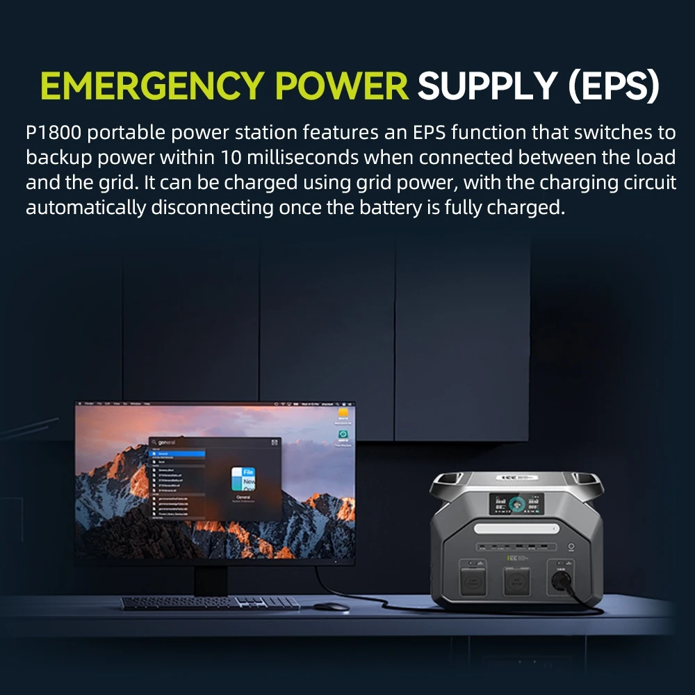 Station d'alimentation portable IEETek P1800, batterie LiFePO4 1024 Wh, sortie sinusoïdale pure 1800 W, puissance de crête 3600 W, charge rapide 1200 W, entrée solaire 500 W, durée de vie de plus de 4000 cycles, alimentation de secours EPS < 10 ms, contrôle via application Wi-Fi et Bluetooth