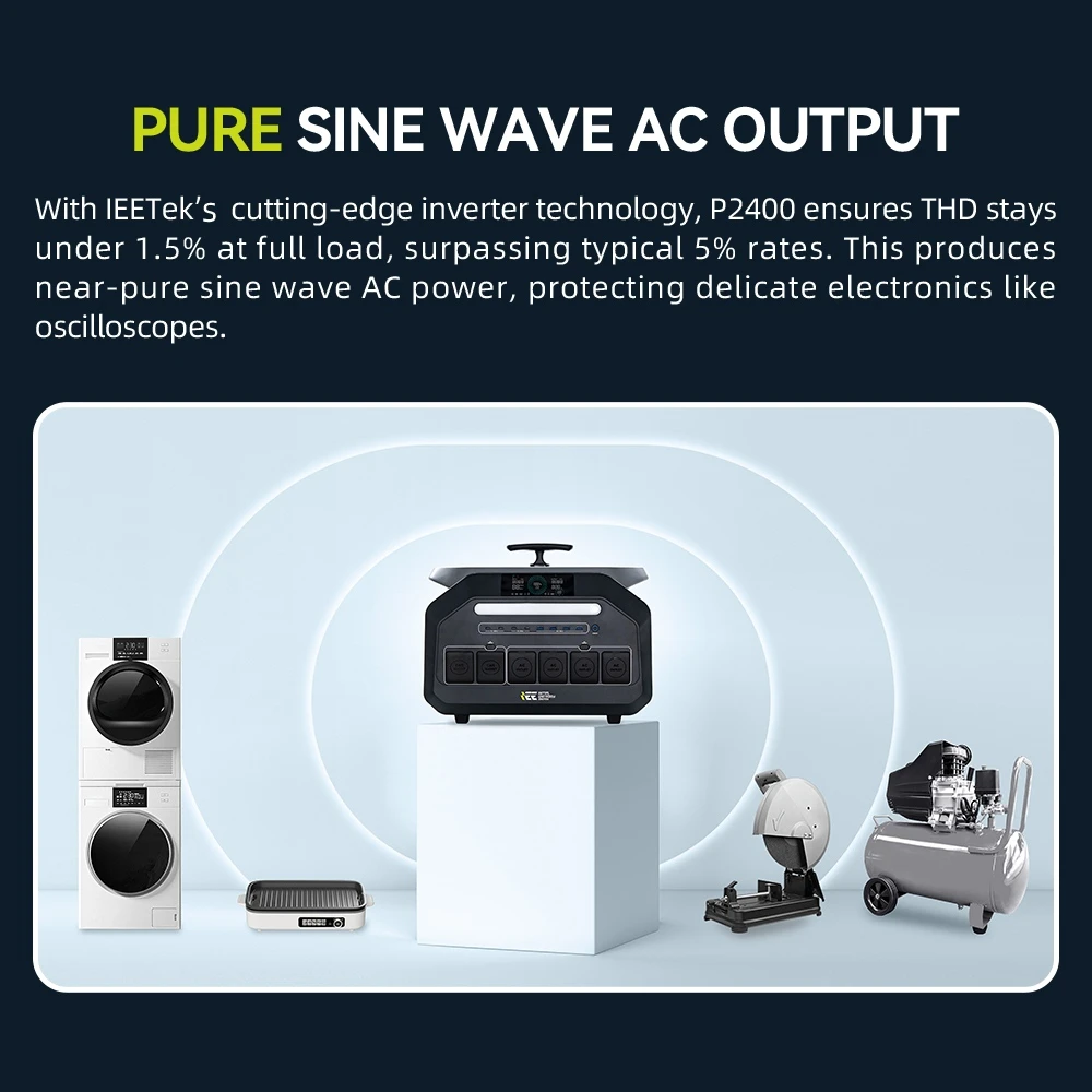 Station d'alimentation portable IEETek P2400, batterie LiFePO4 2048 Wh, sortie sinusoïdale pure 2400 W, puissance de crête 4800 W, charge rapide 1800 W, entrée solaire 800 W, alimentation de secours EPS < 10 ms, contrôle via application Wi-Fi et Bluetooth