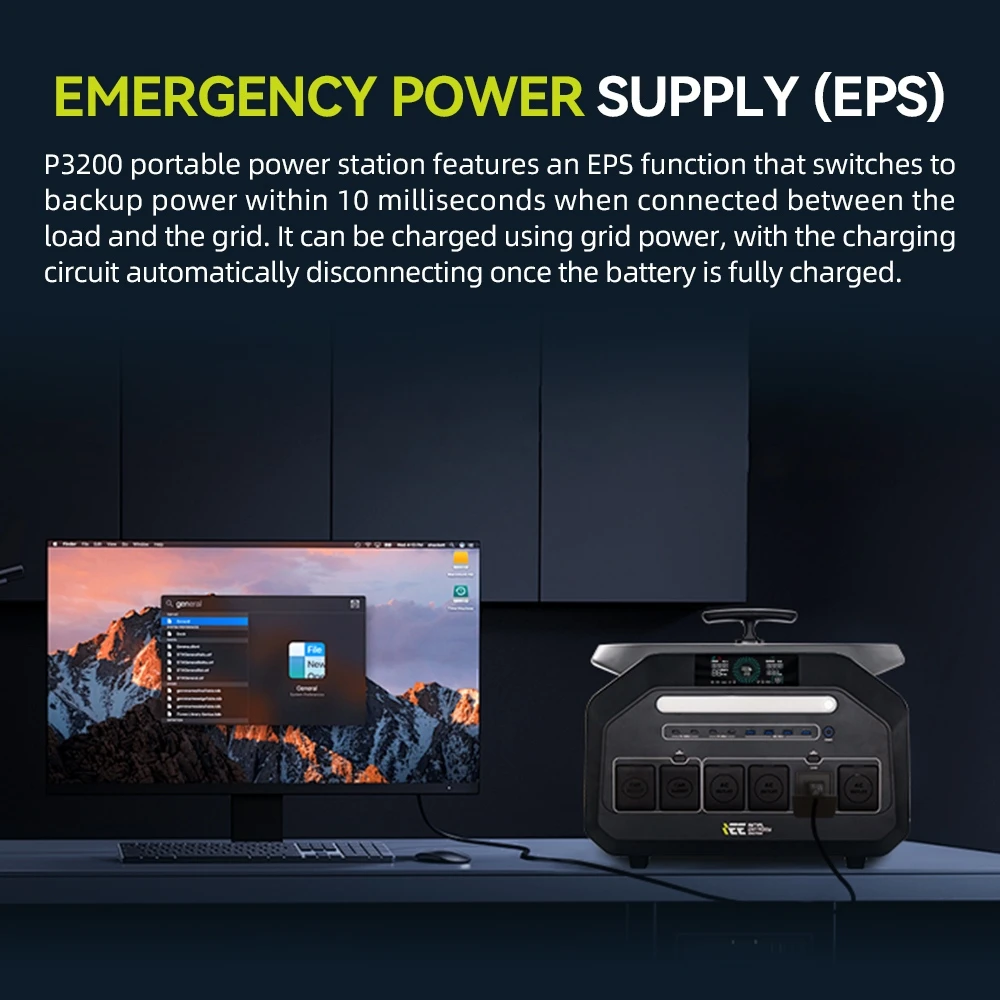 Station d'alimentation portable IEETek P3200, batterie LiFePO4 2048 Wh, sortie sinusoïdale pure 3200 W, puissance de crête 6400 W, charge rapide 1,5 h, entrée solaire 1000 W, alimentation de secours EPS < 10 ms, durée de vie de plus de 4000 cycles, contrôle via application Wi-Fi et Bluetooth