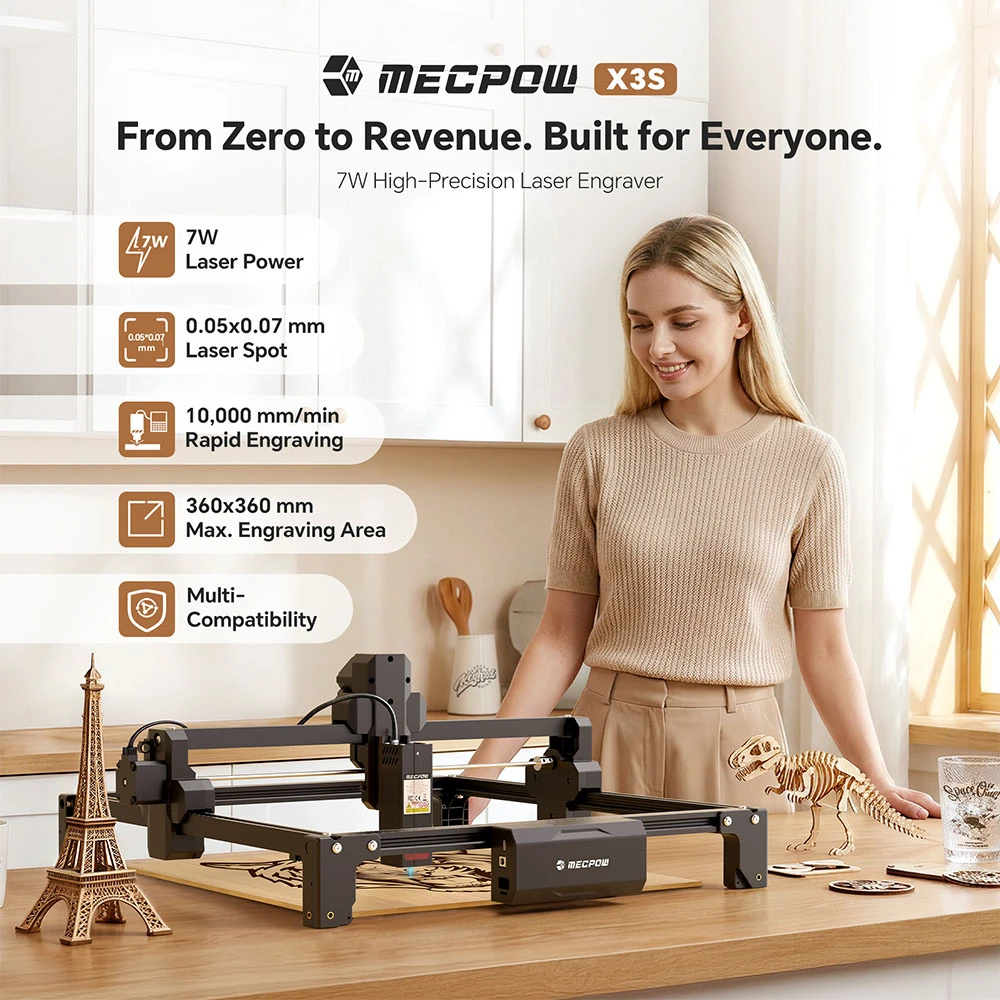 Mecpow X3S 7W Laser Engraver, 10000mm/min High Speed, 0.01mm Precision, 360×360mm Working Area, 0.05x0.07mm Laser Spot, WiFi & USB-C Connection, Offline Engraving, Support LightBurn/ LaserGRBL/ MKSLaser
