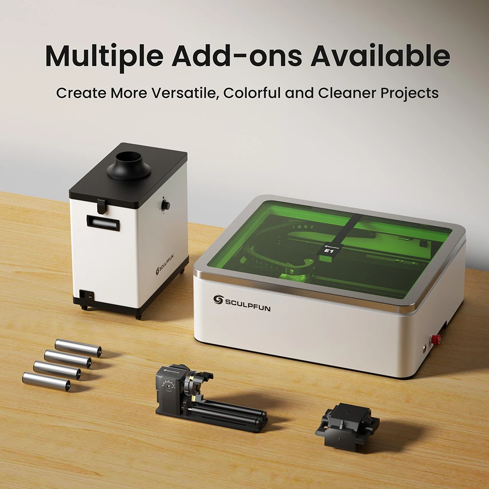 SCULPFUN E1 12W Enclosed Laser Engraver, 400×320mm Working Area, 0.04×0.06mm Laser Spot, 600mm/s Speed, Built-in Camera, CoreXY Motion System, WiFi Connectivity, Class 1 Safety, Air Assist & Honeycomb Panel Included
