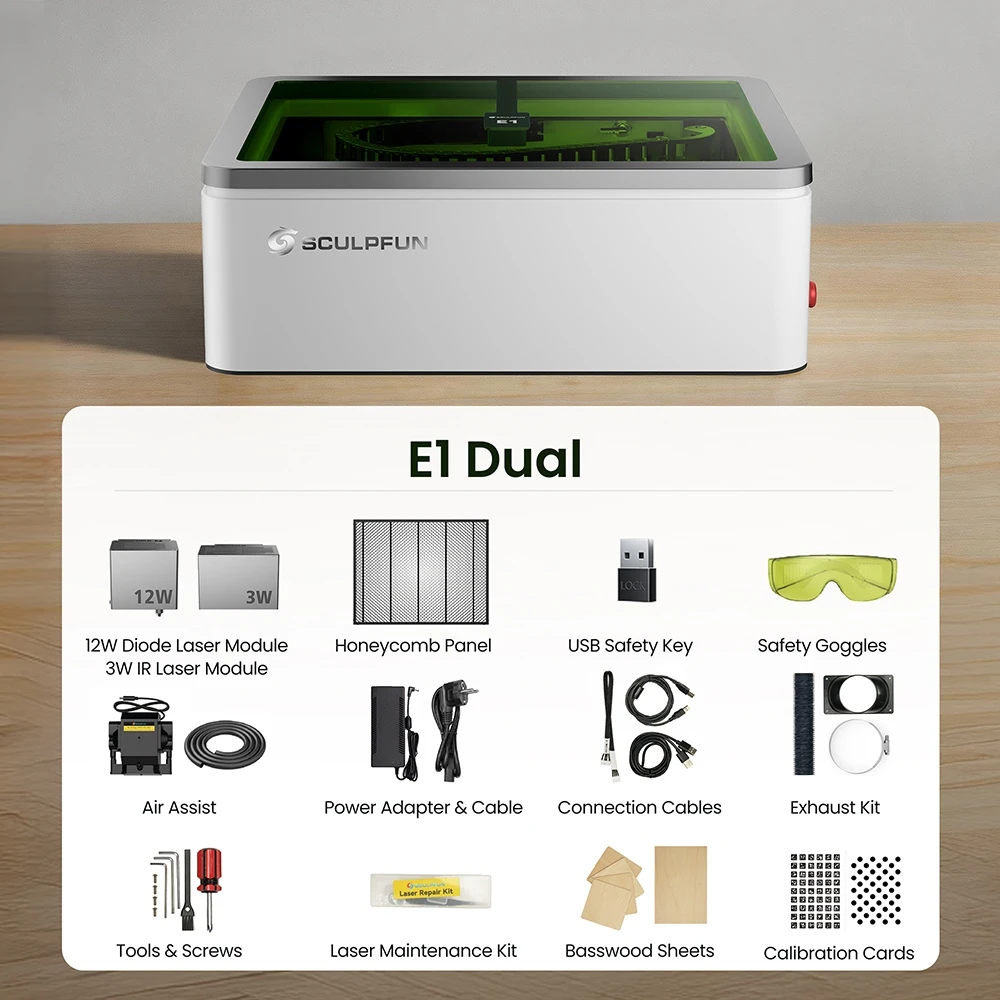 SCULPFUN E1 Dual Enclosed Laser Engraver, 12W 455nm Diode Laser + 3W 1064nm IR Laser, 400×320mm Working Area, 600mm/s Speed, Built-in Camera, CoreXY Motion System, Class 1 Enclosed Safety, Supports 360+ Materials