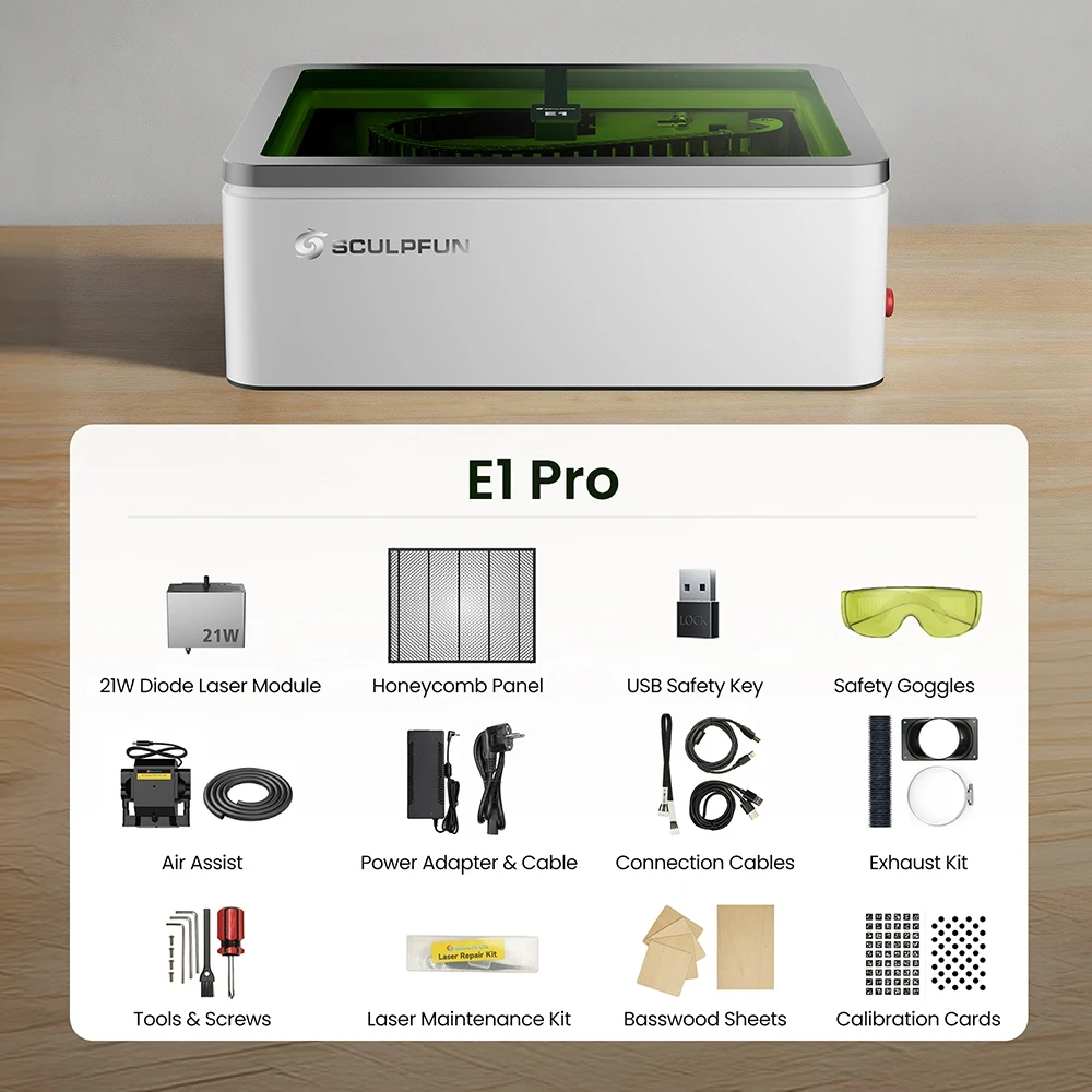 SCULPFUN E1 Pro 21W Enclosed Laser Engraver, 400×320mm Working Area, 0.06×0.08mm Laser Spot, 600mm/s Speed, Built-in Camera, CoreXY Structure, WiFi Connectivity, Class 1 Safety, Air Assist & Honeycomb Panel Included