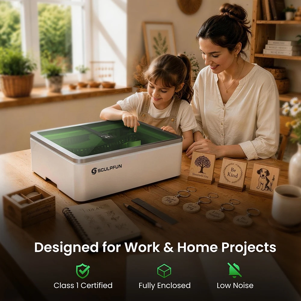 SCULPFUN E1 Pro 21W Enclosed Laser Engraver, 400×320mm Working Area, 0.06×0.08mm Laser Spot, 600mm/s Speed, Built-in Camera, CoreXY Structure, WiFi Connectivity, Class 1 Safety, Air Assist & Honeycomb Panel Included