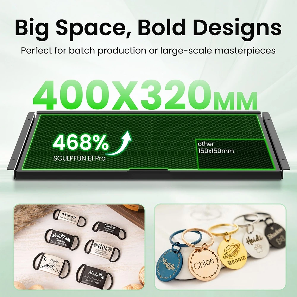SCULPFUN E1 Pro 21W Enclosed Laser Engraver, 400×320mm Working Area, 0.06×0.08mm Laser Spot, 600mm/s Speed, Built-in Camera, CoreXY Structure, WiFi Connectivity, Class 1 Safety, Air Assist & Honeycomb Panel Included