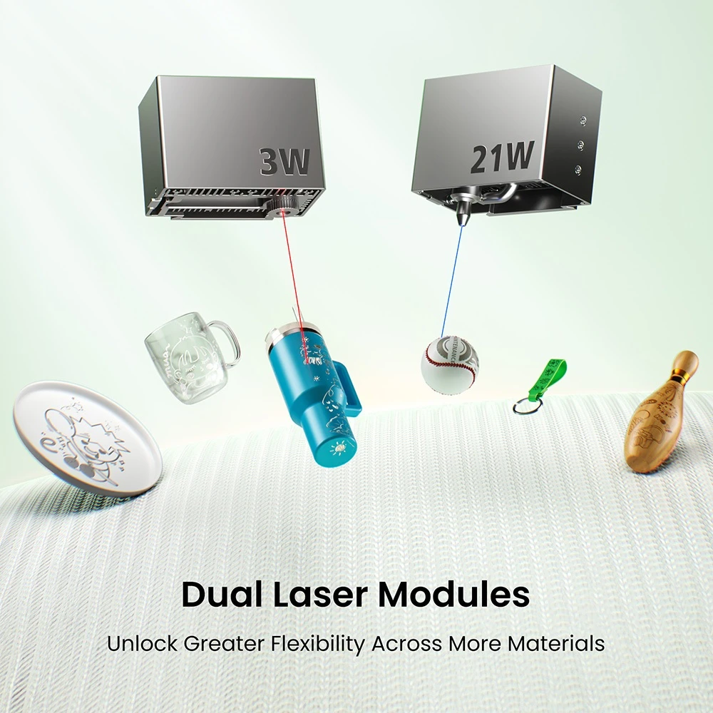 Graveur laser double SCULPFUN E1 Pro, diode 455 nm 21 W + laser infrarouge 1064 nm 3 W, zone de travail 400 × 320 mm, gravure haute vitesse 600 mm/s, caméra intégrée, système de mouvement CoreXY, sécurité classe 1, contrôle via application Wi-Fi