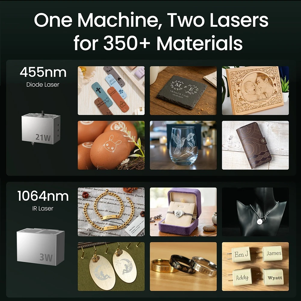 Graveur laser double SCULPFUN E1 Pro, diode 455 nm 21 W + laser infrarouge 1064 nm 3 W, zone de travail 400 × 320 mm, gravure haute vitesse 600 mm/s, caméra intégrée, système de mouvement CoreXY, sécurité classe 1, contrôle via application Wi-Fi