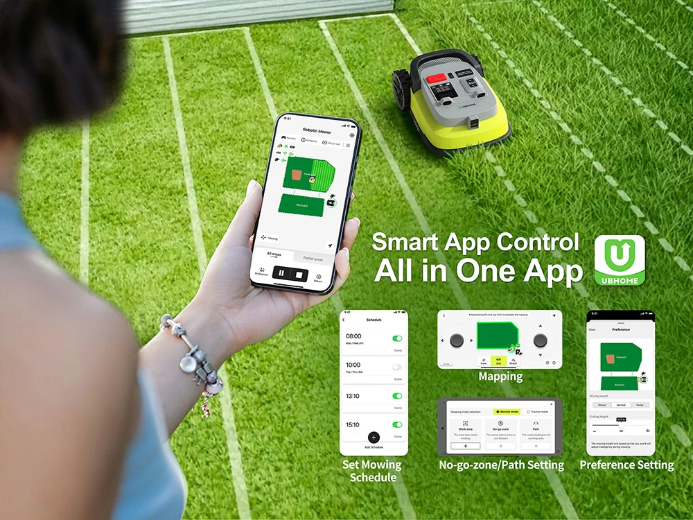 UBHOME M10 Robotic Lawn Mower, RTK + AI Vision Navigation, No Perimeter Wire, 7000㎡ Coverage, Multi-Zone (Up to 15), 55% Slope, Centimeter-Level Mapping, Smart Obstacle Avoidance, 230mm Cutting Width, 5.2Ah Battery, App Control