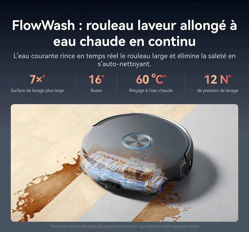 Narwal Flow 2 Robot Aspirateur et Laveur, aspiration 31 000 Pa, double vision IA 1080P, navigation LiDAR cachée, nettoyage à l'eau chaude 60 °C, batterie 7000 mAh, système anti-enchevêtrement, auto-vidage 2,4 L, station sans entretien 120 jours