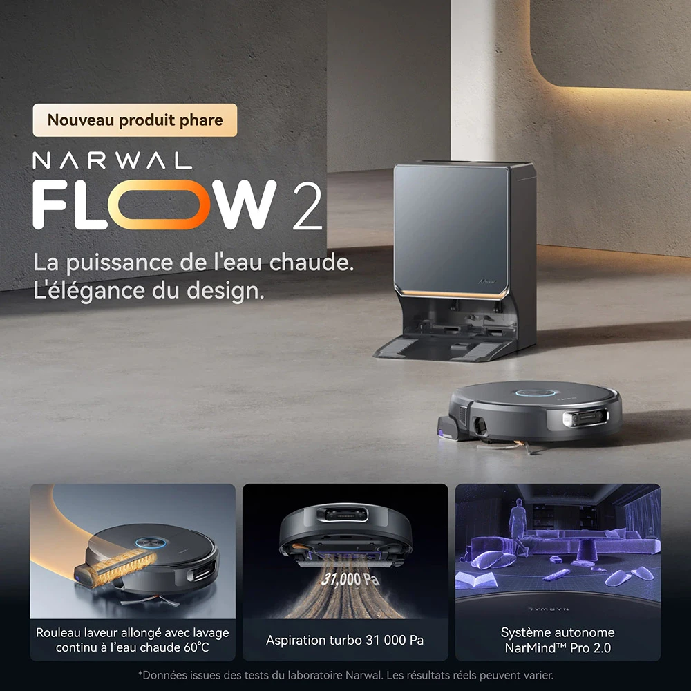 Narwal Flow 2 Robot Aspirateur et Laveur, aspiration 31 000 Pa, double vision IA 1080P, navigation LiDAR cachée, nettoyage à l'eau chaude 60 °C, batterie 7000 mAh, système anti-enchevêtrement, auto-vidage 2,4 L, station sans entretien 120 jours