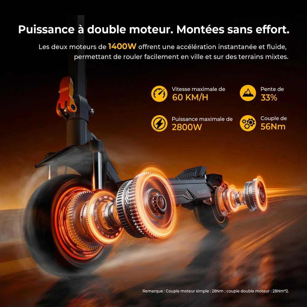 Ausom K20 Pro Trottinette Électrique Double Moteur, Moteur max 2800W, Batterie 48V 18Ah, Pneus 10 pouces, Vitesse Maximale 60km/h, Autonomie 90km, Freins à Disque Avant & Arrière, Déverrouillage NFC