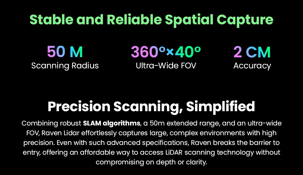 3DMakerpro Raven Max LiDAR Scanner, Dual 12MP Cameras, 100m Scan Range, Enhanced RGB Point Clouds, 150,000 Points/s, 360°×40° FOV, 4K True-Color Capture, 32GB Storage, 12000mAh Battery, Wi-Fi 5