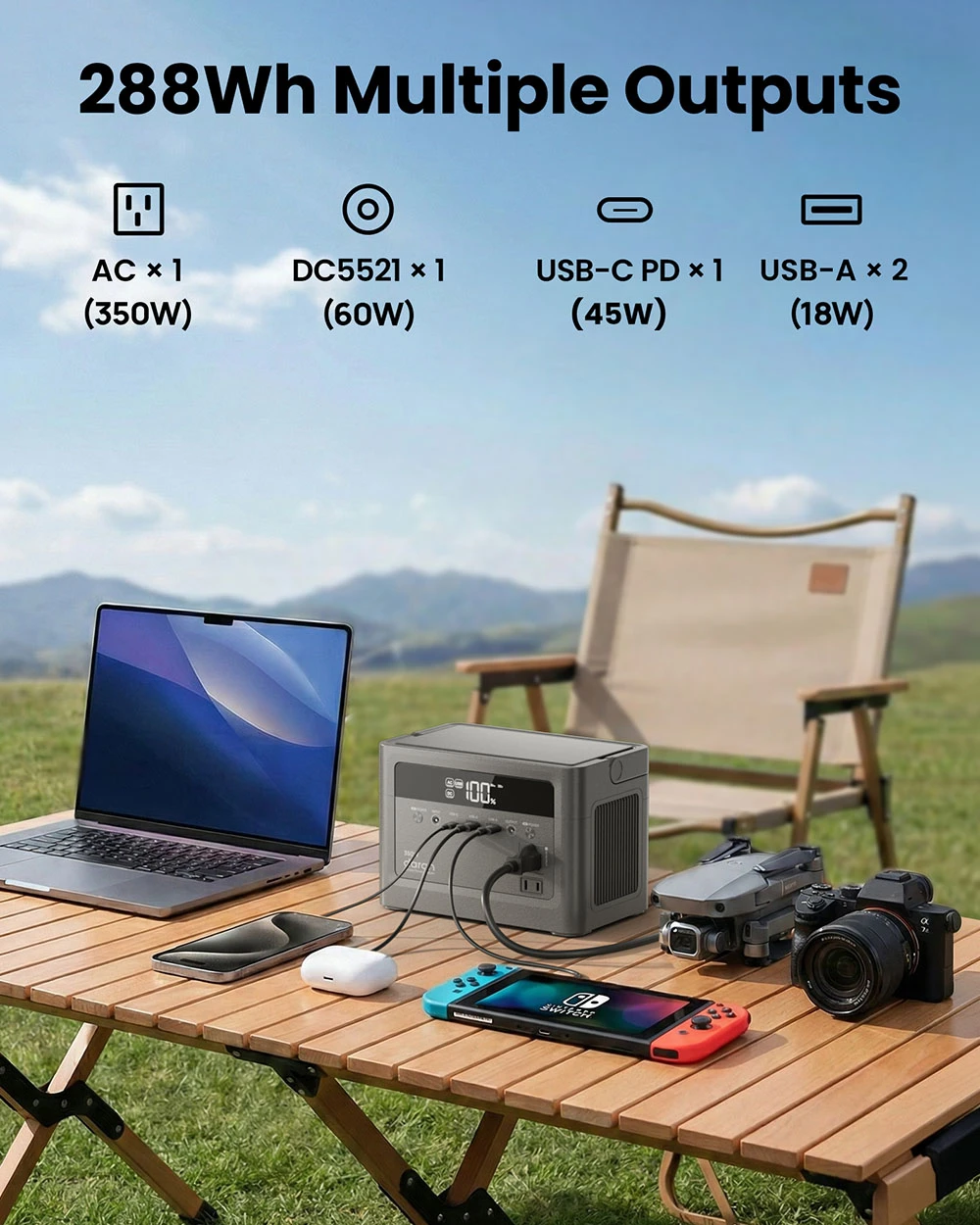 DaranEner Cubus350L Portable Power Station, 288Wh LiFePO4 Battery, 350W Pure Sine Wave Output, 700W Surge, 80W Solar Input, 45W USB-C PD, Dual 18W USB-A, 60W DC5521 Output, for Camping, Travel & Emergency Backup