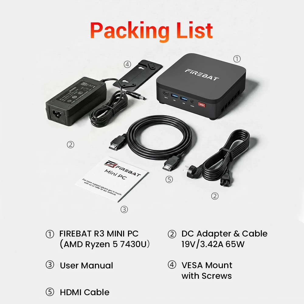FIREBAT R3 Mini PC, AMD Ryzen 5 7430U 6 πυρήνες 12 νήματα έως 4.3GHz, 16GB LPDDR4 RAM 512GB SSD, AMD Radeon Graphics, Dual M.2 SSD Expansion, HDMI + DP + USB-C 4K Triple Display, Gigabit RJ45, WiFi 6, Bluetooth 5.2