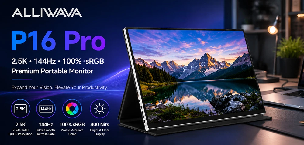 ALLIWAVA P16 Pro hordozható monitor – Kép a kijelzőről és a tokról