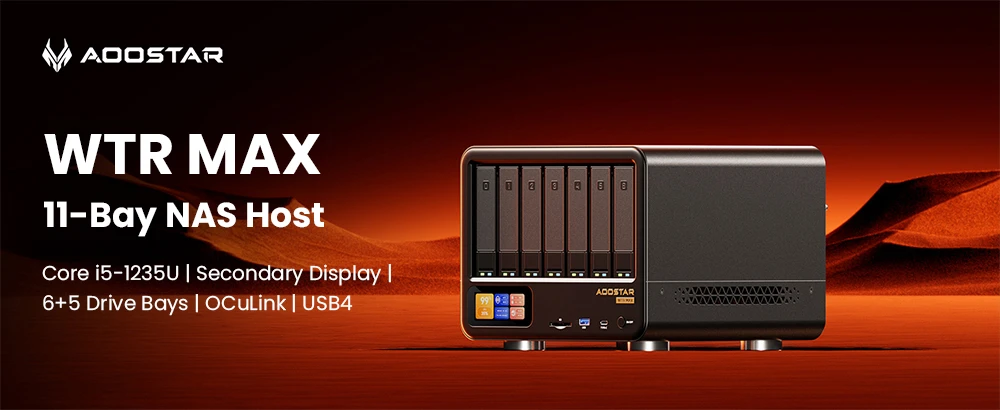 AOOSTAR WTR MAX NAS Mini PC elölnézet, érintőképernyővel és tárolórekeszekkel