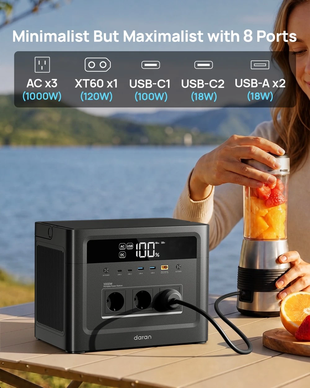 DaranEner Cubus1000 Max Portable Power Station, 1152Wh LiFePO4 Battery, 1000W Pure Sine Wave Output, 2000W Surge, 300W Solar Input, 100W USB-C PD, XT60 Output, MPPT, BMS, UPS, 3500+ Cycles