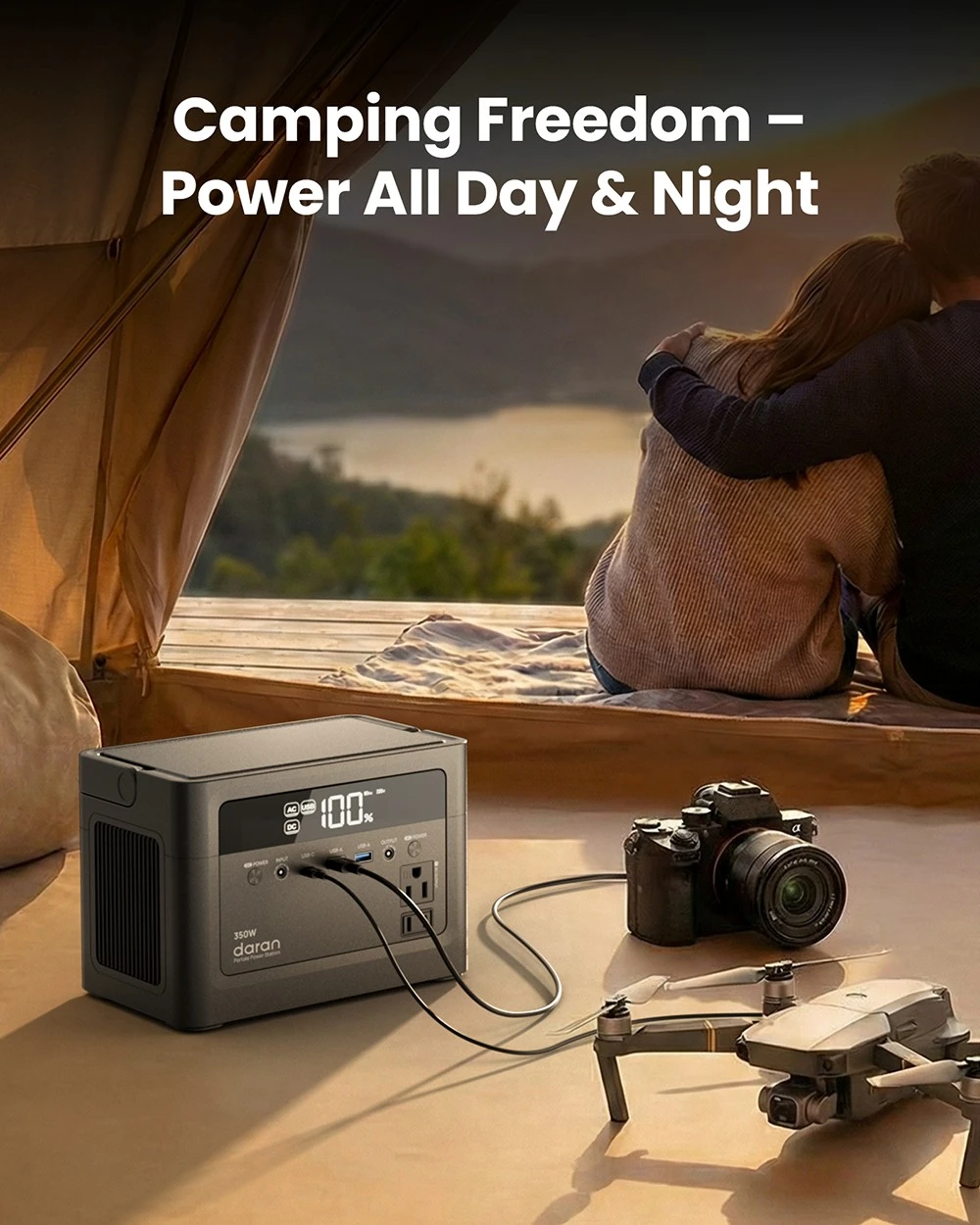 DaranEner Cubus350L Portable Power Station, 288Wh LiFePO4 Battery, 350W Pure Sine Wave Output, 700W Surge, 80W Solar Input, 45W USB-C PD, Dual 18W USB-A, 60W DC5521 Output, for Camping, Travel & Emergency Backup