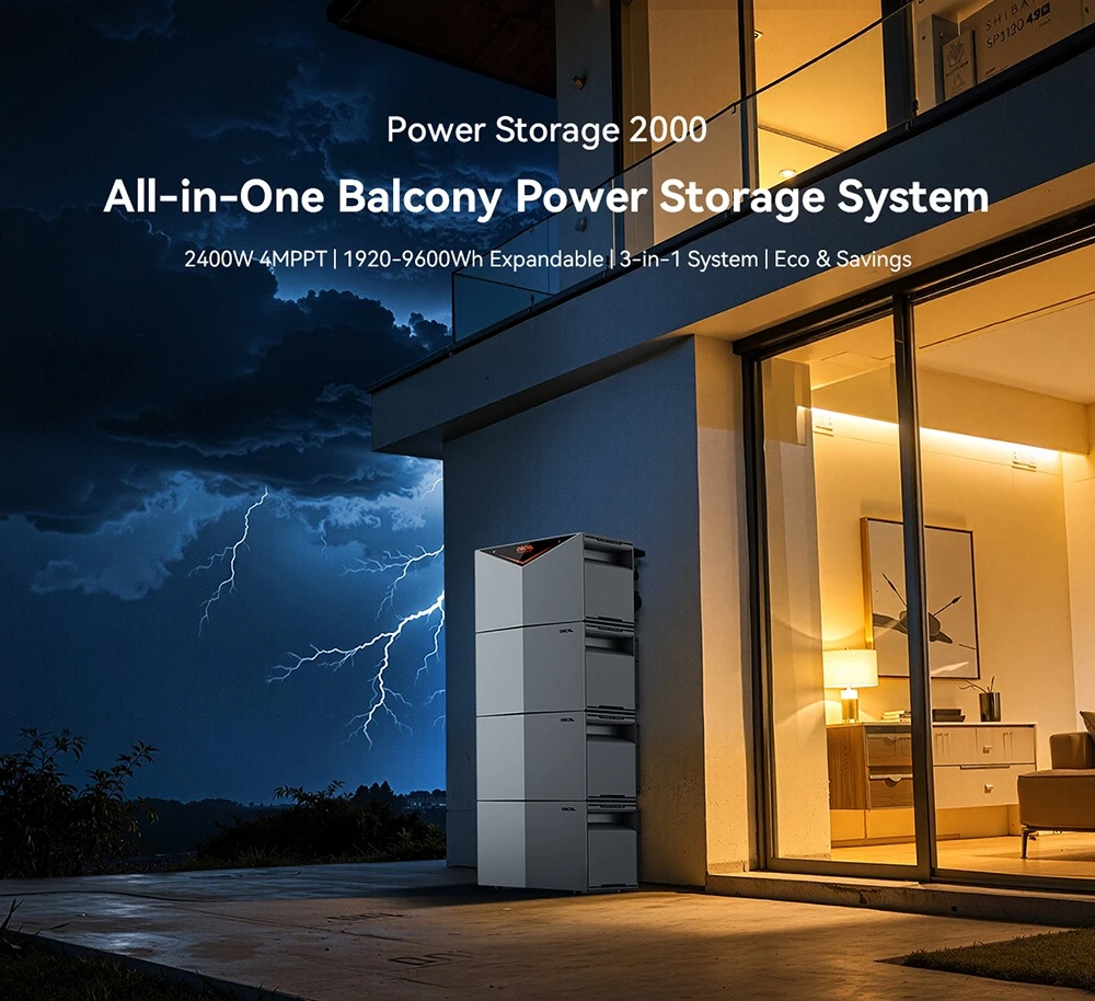 Oscal Power Storage 2000 Balcony Energy Storage System, 1920Wh LiFePO4 Battery, Expandable to 9600Wh, 1200W AC Output, 2400W 4-MPPT Solar Input, Built-in 800W Microinverter, 0.01s UPS, 3500+ Cycles, Wi-Fi & Bluetooth, IP65