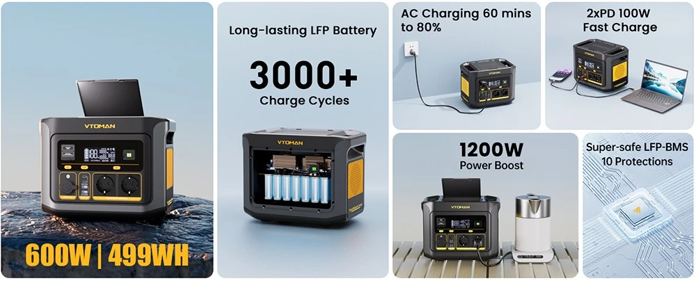 VTOMAN FlashSpeed 600 Portable Power Station, 499Wh LiFePO4 Battery, 600W AC Output, 1200W Peak Power, V-Beyond Technology, 2×100W USB-C PD, 400W AC Fast Charging, UPS Backup, Expandable Capacity