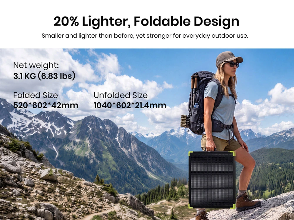 FOSSiBOT SP100 Pro Bifacial Portable Solar Panel, 100W Power, 25% Solar Conversion Efficiency, 10–15% Rear-Side Power Gain, IP67 Waterproof, Foldable Design, MC4 to XT60 Cable, Series & Parallel Connection