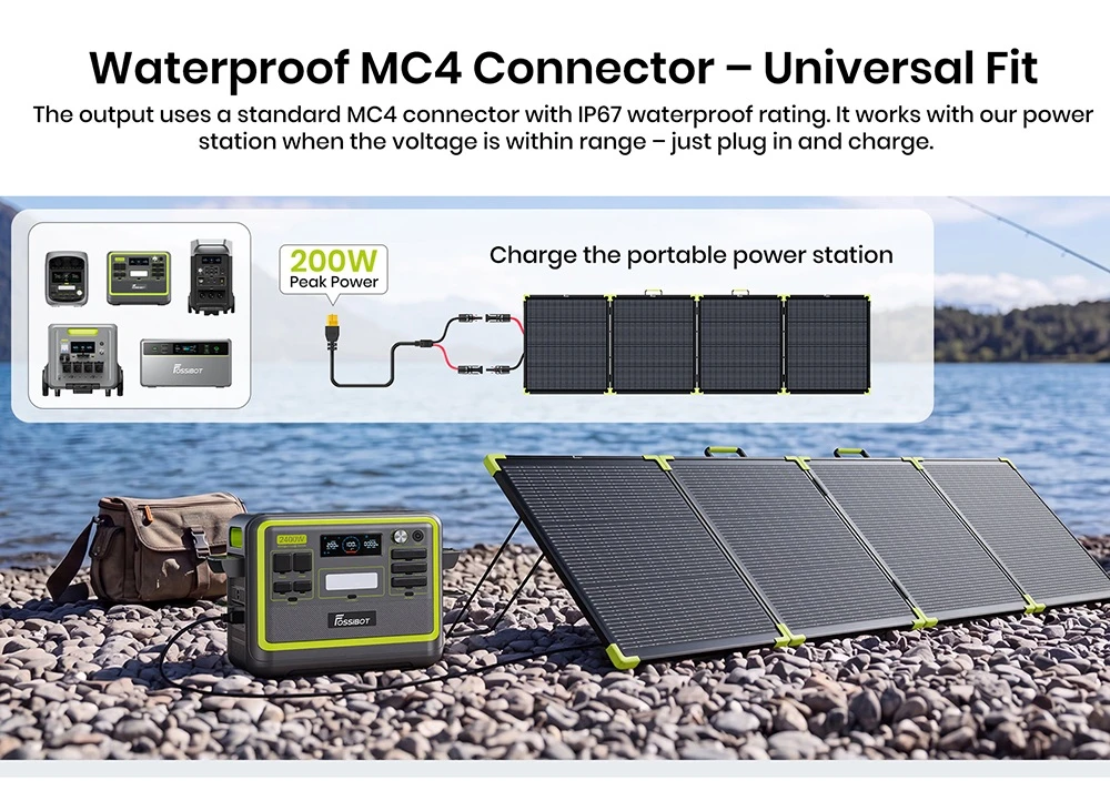FOSSiBOT SP200 Pro Bifacial Portable Solar Panel, 200W Power, 25% Solar Conversion Efficiency, 10–15% Rear-Side Power Gain, IP67 Waterproof, Foldable Design, MC4 to XT60 Cable, Series & Parallel Connection