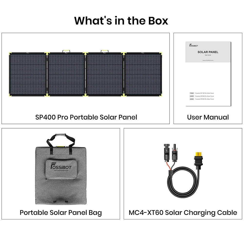 FOSSiBOT SP400 Pro Bifacial Portable Solar Panel, 400W Power, 25% Solar Conversion Efficiency, 10–15% Extra Power Gain, IP67 Waterproof, Foldable Design, MC4 to XT60 Cable, Series & Parallel Connection