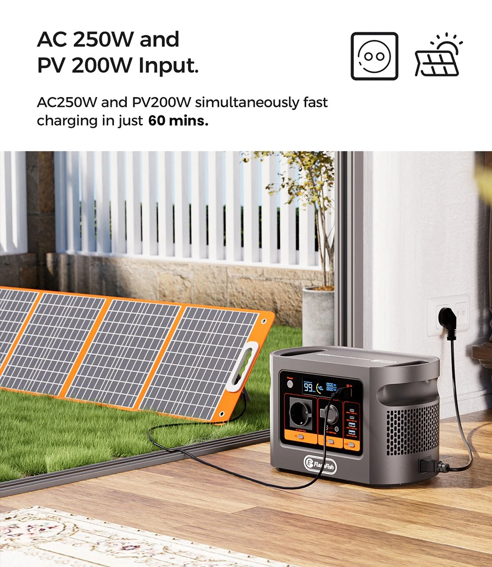 FlashFish E106B Portable Power Station, 384Wh LiFePO4 Battery, 600W Pure Sine Wave Output, 8 Outputs, 250W AC + 200W Solar Fast Charging, 100W USB-C PD, 120W Car Port, LCD Display, for Camping, RV, Emergency Backup