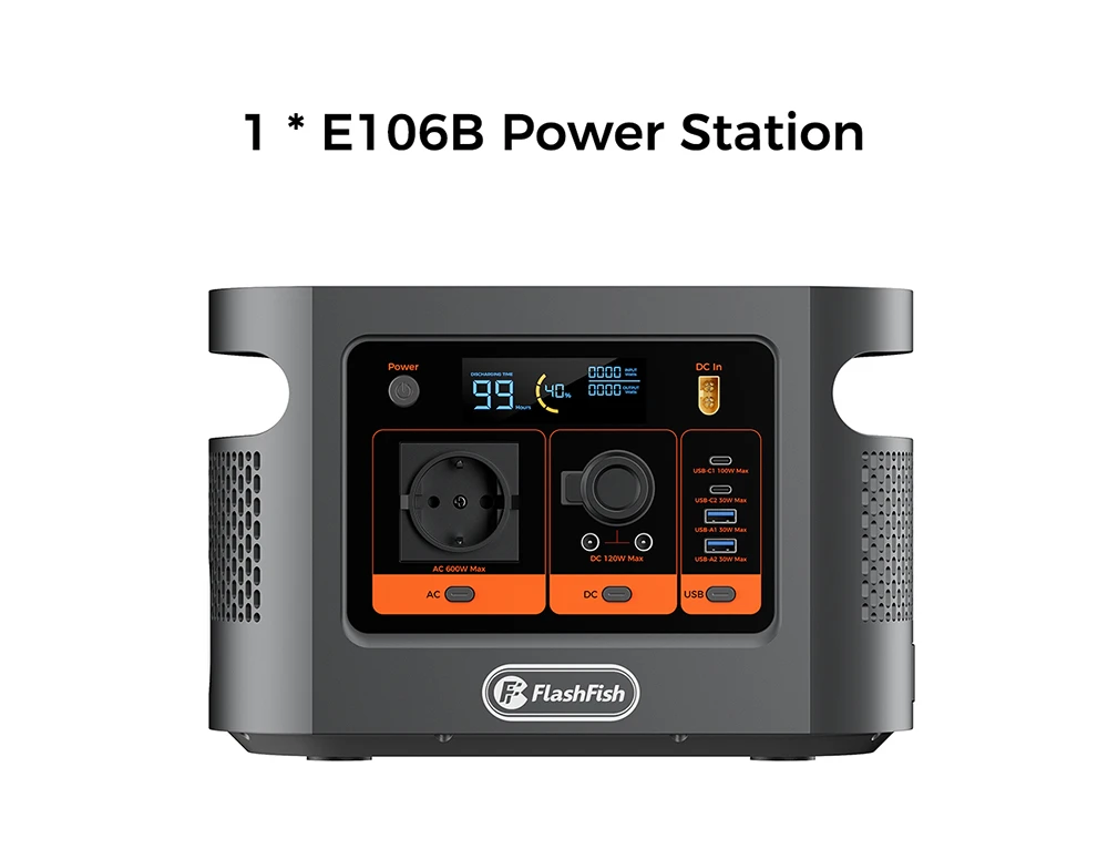 FlashFish E106B Portable Power Station, 384Wh LiFePO4 Battery, 600W Pure Sine Wave Output, 8 Outputs, 250W AC + 200W Solar Fast Charging, 100W USB-C PD, 120W Car Port, LCD Display, for Camping, RV, Emergency Backup
