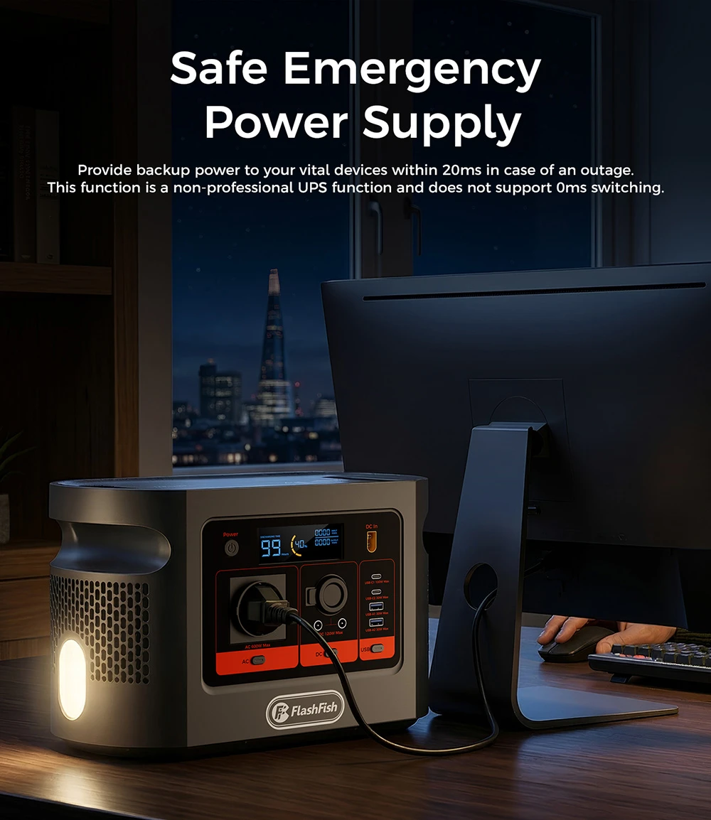 FlashFish E106B Portable Power Station, 384Wh LiFePO4 Battery, 600W Pure Sine Wave Output, 8 Outputs, 250W AC + 200W Solar Fast Charging, 100W USB-C PD, 120W Car Port, LCD Display, for Camping, RV, Emergency Backup