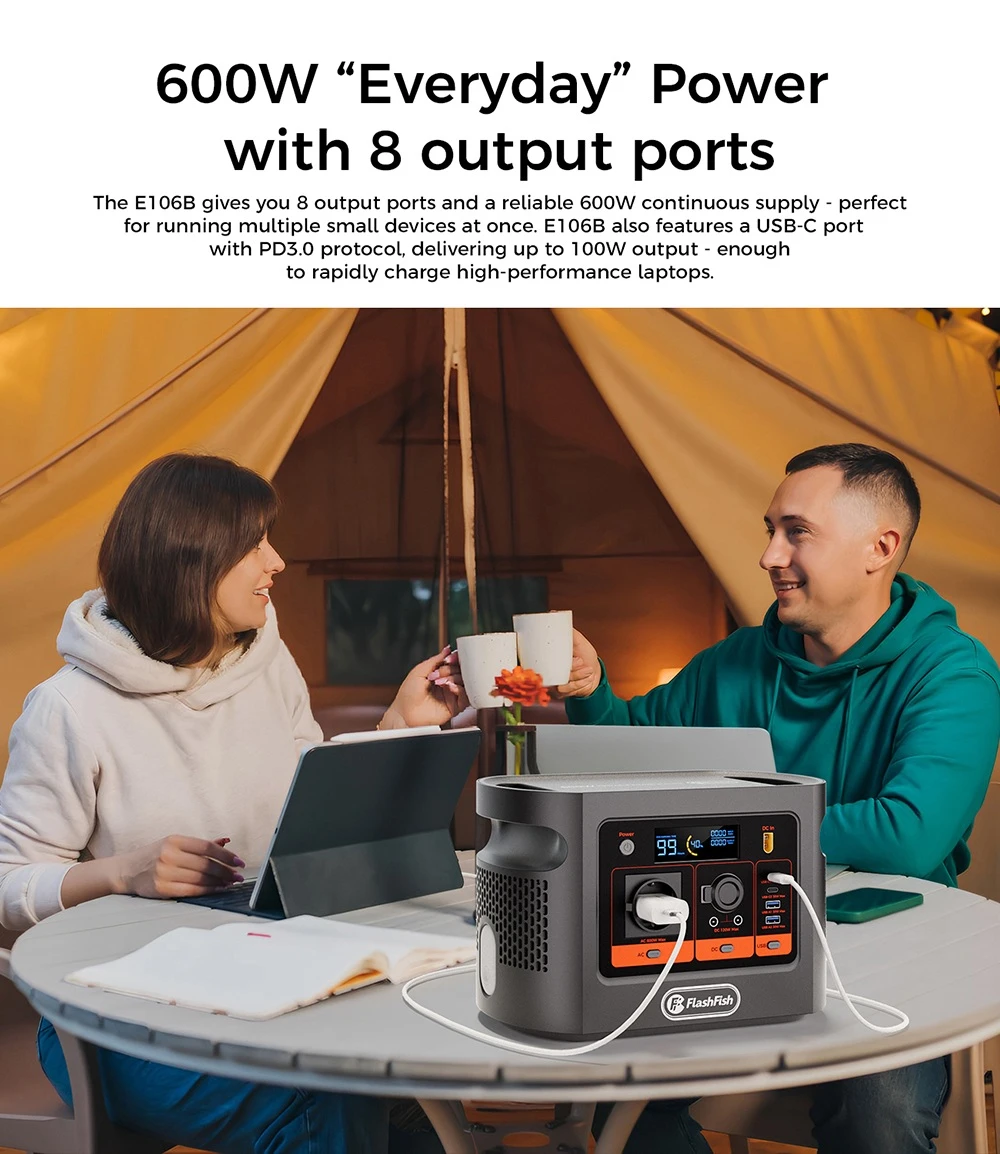 FlashFish E106B Portable Power Station, 384Wh LiFePO4 Battery, 600W Pure Sine Wave Output, 8 Outputs, 250W AC + 200W Solar Fast Charging, 100W USB-C PD, 120W Car Port, LCD Display, for Camping, RV, Emergency Backup
