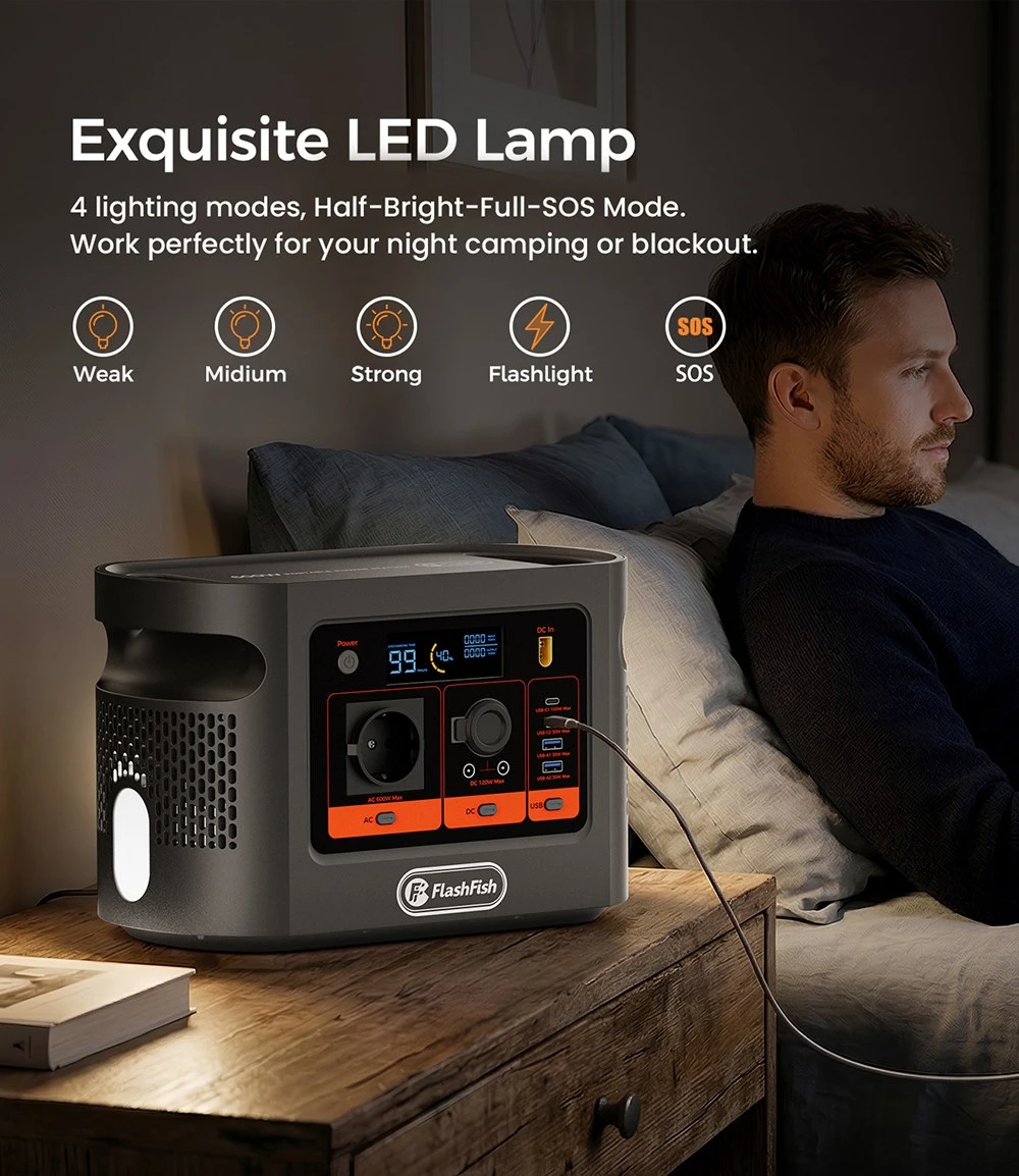FlashFish E106B Portable Power Station, 384Wh LiFePO4 Battery, 600W Pure Sine Wave Output, 8 Outputs, 250W AC + 200W Solar Fast Charging, 100W USB-C PD, 120W Car Port, LCD Display, for Camping, RV, Emergency Backup