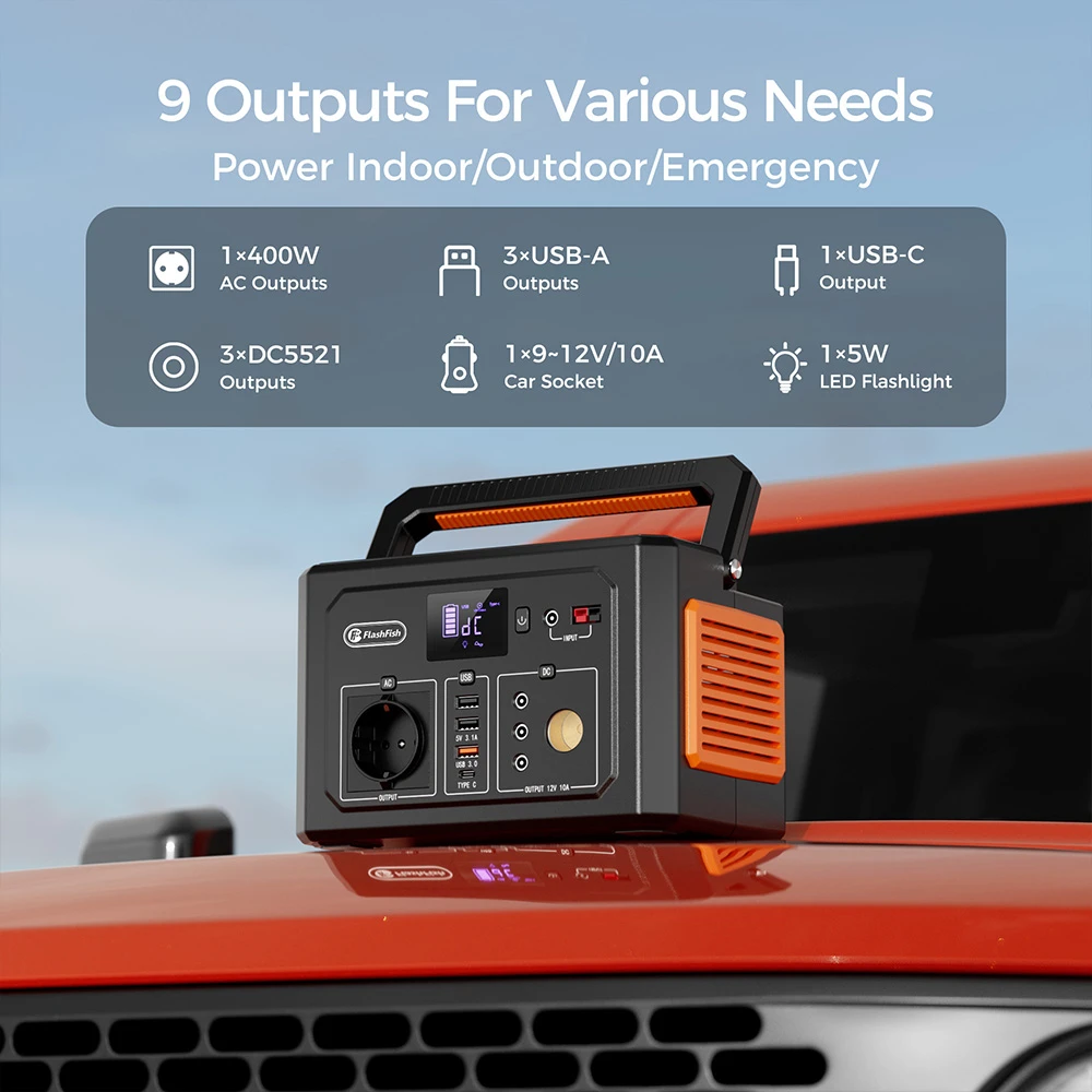 Flashfish K53 Portable Power Station, 400Wh Capacity, 109200mAh Lithium-ion Battery, 400W AC Output, 8 Outputs, QC3.0 USB-A/USB-C, 15V/4A DC Input, 3 Charging Methods, Built-in LED Light