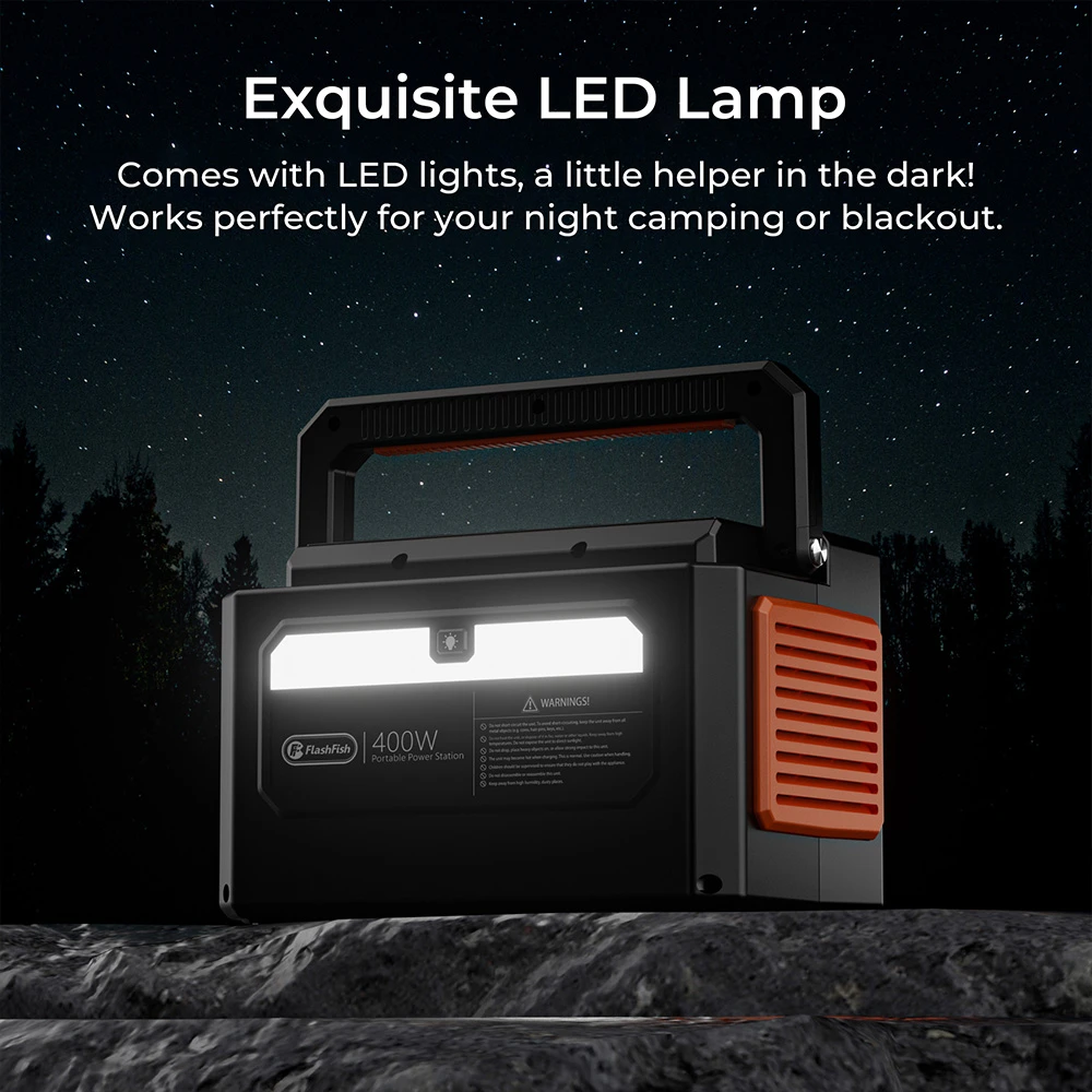 Flashfish K53 Portable Power Station, 400Wh Capacity, 109200mAh Lithium-ion Battery, 400W AC Output, 8 Outputs, QC3.0 USB-A/USB-C, 15V/4A DC Input, 3 Charging Methods, Built-in LED Light