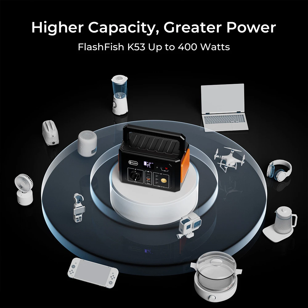 Flashfish K53 Portable Power Station, 400Wh Capacity, 109200mAh Lithium-ion Battery, 400W AC Output, 8 Outputs, QC3.0 USB-A/USB-C, 15V/4A DC Input, 3 Charging Methods, Built-in LED Light