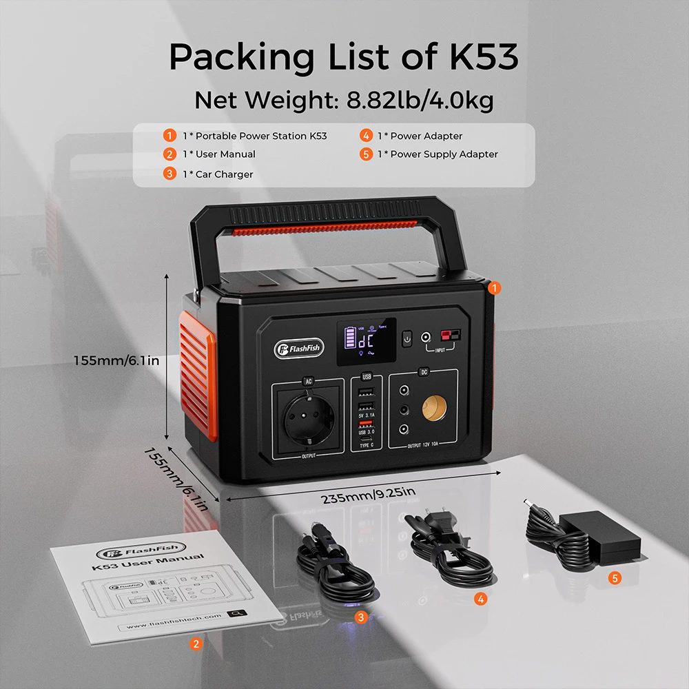 Flashfish K53 Portable Power Station, 400Wh Capacity, 109200mAh Lithium-ion Battery, 400W AC Output, 8 Outputs, QC3.0 USB-A/USB-C, 15V/4A DC Input, 3 Charging Methods, Built-in LED Light