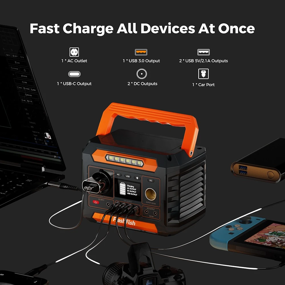 Flashfish P66A Portable Power Station, 144.3Wh Capacity, 39000mAh Battery, 200W AC Output, 8 Outputs, 18W USB-A/USB-C QC, 13–22V Solar Input, 3 Charging Methods, Built-in LED Light