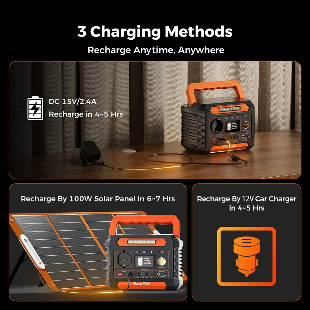 Flashfish P66A Portable Power Station, 144.3Wh Capacity, 39000mAh Battery, 200W AC Output, 8 Outputs, 18W USB-A/USB-C QC, 13–22V Solar Input, 3 Charging Methods, Built-in LED Light