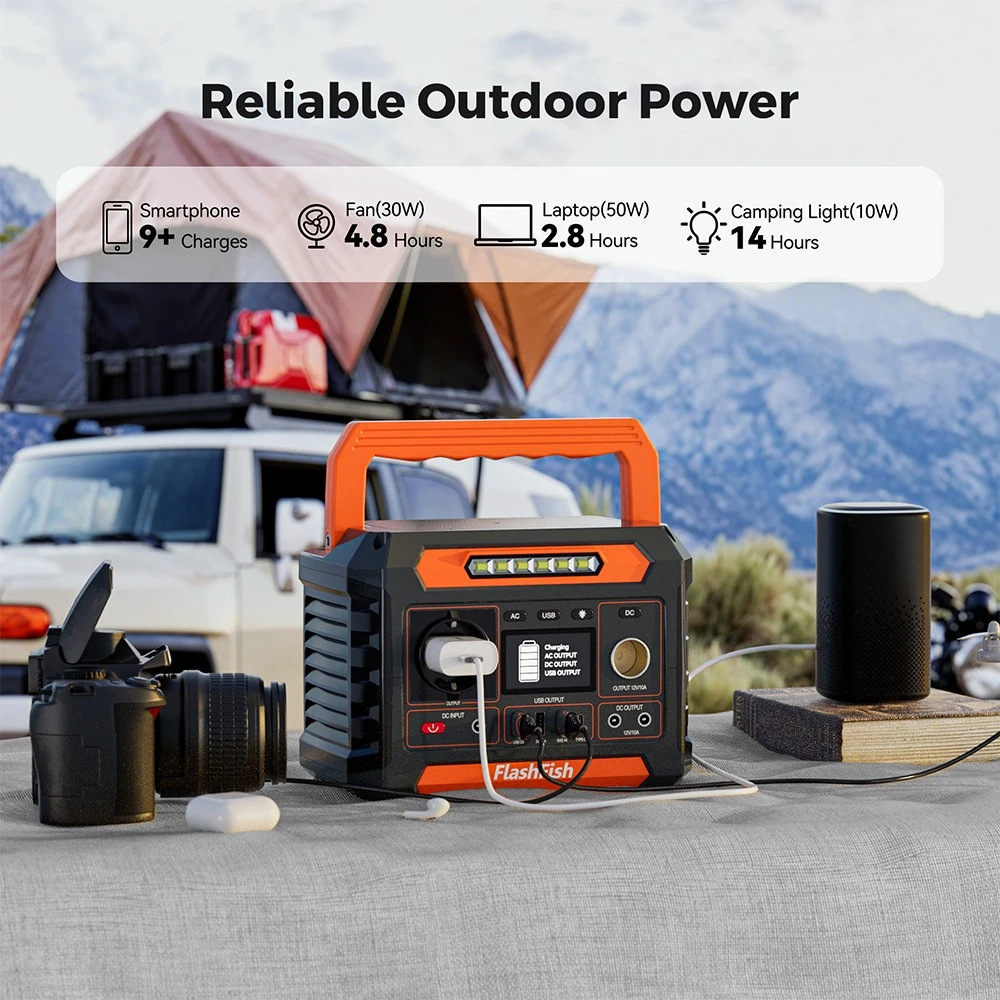 Flashfish P66A Portable Power Station, 144.3Wh Capacity, 39000mAh Battery, 200W AC Output, 8 Outputs, 18W USB-A/USB-C QC, 13–22V Solar Input, 3 Charging Methods, Built-in LED Light