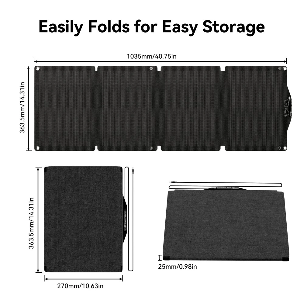 Flashfish SP18V60W Foldable Solar Panel, 60W Max Power, 21.6% Monocrystalline Cells, ETFE Coating, IP65 Waterproof, DC5521 Output, for Power Stations, Camping, RV & Outdoor Use