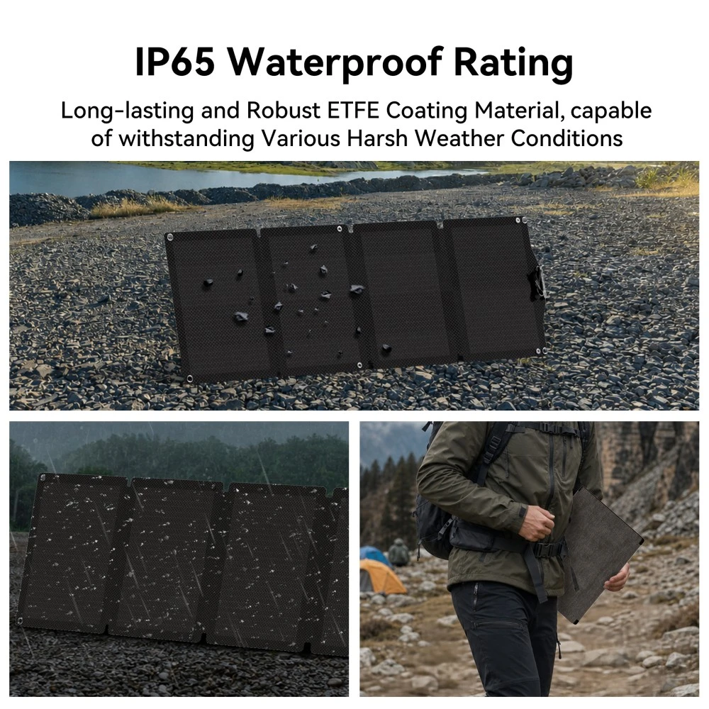 Flashfish SP18V60W Foldable Solar Panel, 60W Max Power, 21.6% Monocrystalline Cells, ETFE Coating, IP65 Waterproof, DC5521 Output, for Power Stations, Camping, RV & Outdoor Use