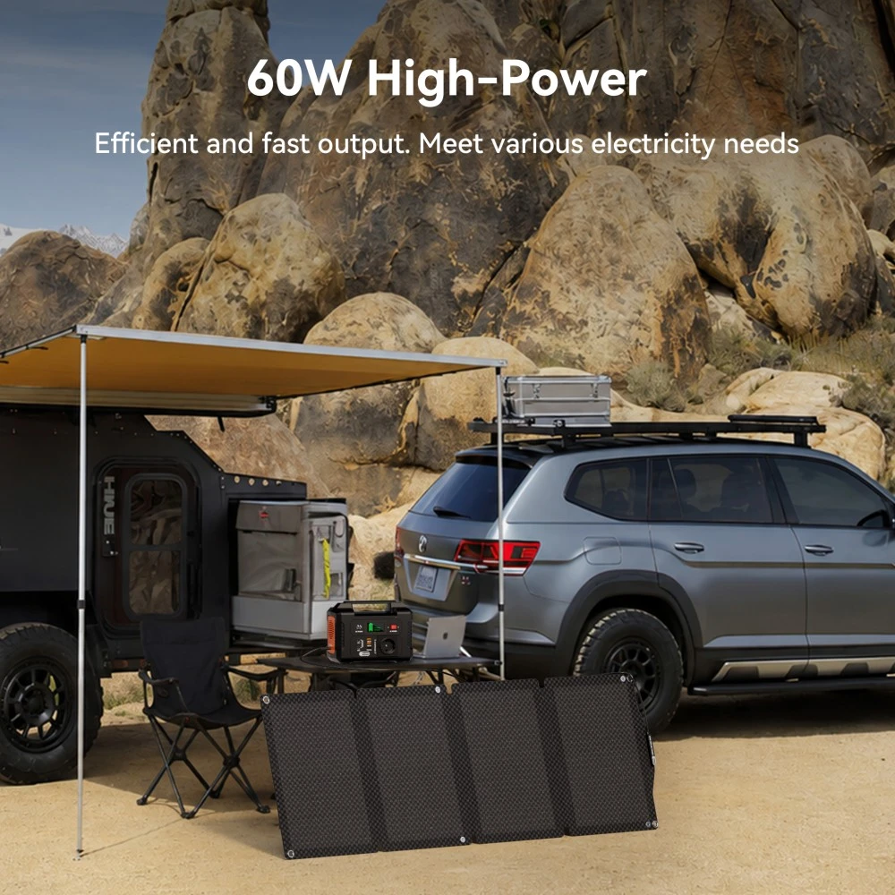 Flashfish SP18V60W Foldable Solar Panel, 60W Max Power, 21.6% Monocrystalline Cells, ETFE Coating, IP65 Waterproof, DC5521 Output, for Power Stations, Camping, RV & Outdoor Use